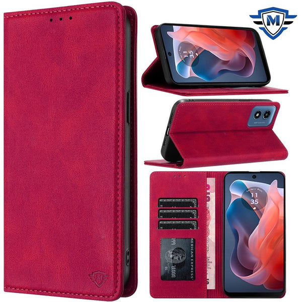 Metkase Wallet PU Vegan Leather ID Card Money Holder With Magnetic Closure In Slide-Out Package For Samsung A35 5G - Hot Pink