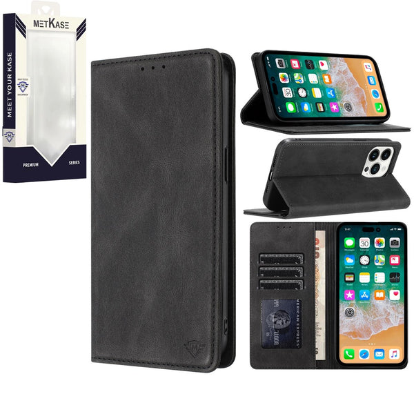 Metkase Wallet PU Vegan Leather ID Card Money Holder With Magnetic Closure For iPhone 15 - Black