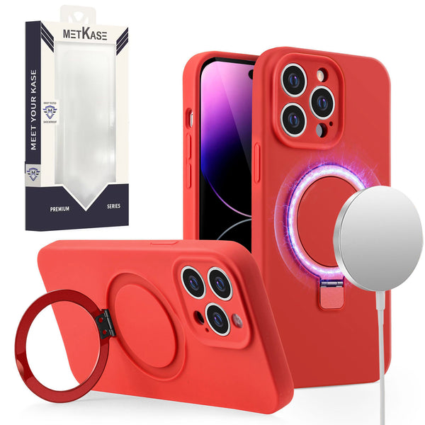 Metkase Magnetic Ring Stand Liquid Silicone Case for iPhone 15 - Red