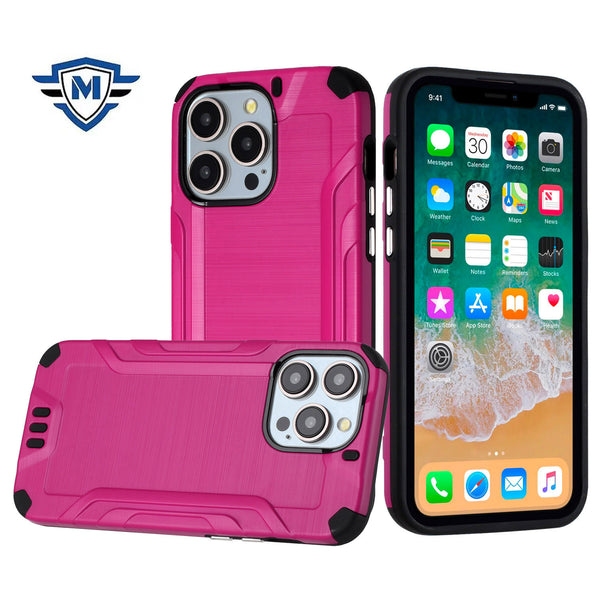 Metkase Strong Tough Metallic Design Hybrid In Premium Slide-Out Package For iPhone 15 - Hot Pink