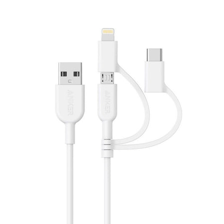 Anker Powerline II 3' USB-A To Lightning/USB-C/Micro Usb 3-In-1 Cable - White