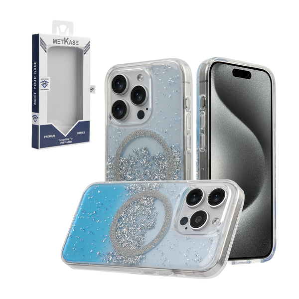 Metkase Glitter Transparent [Magnetic Circle] Shockproof Hybrid For iPhone 15 Pro Max - Blue