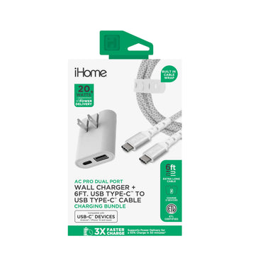 iHome 20W Dual-Port Ac Pro Usb-A & Usb-C Wall Charger W/ Folding Prongs + 6' Usb-C To Usb-C Nylon Cable - White