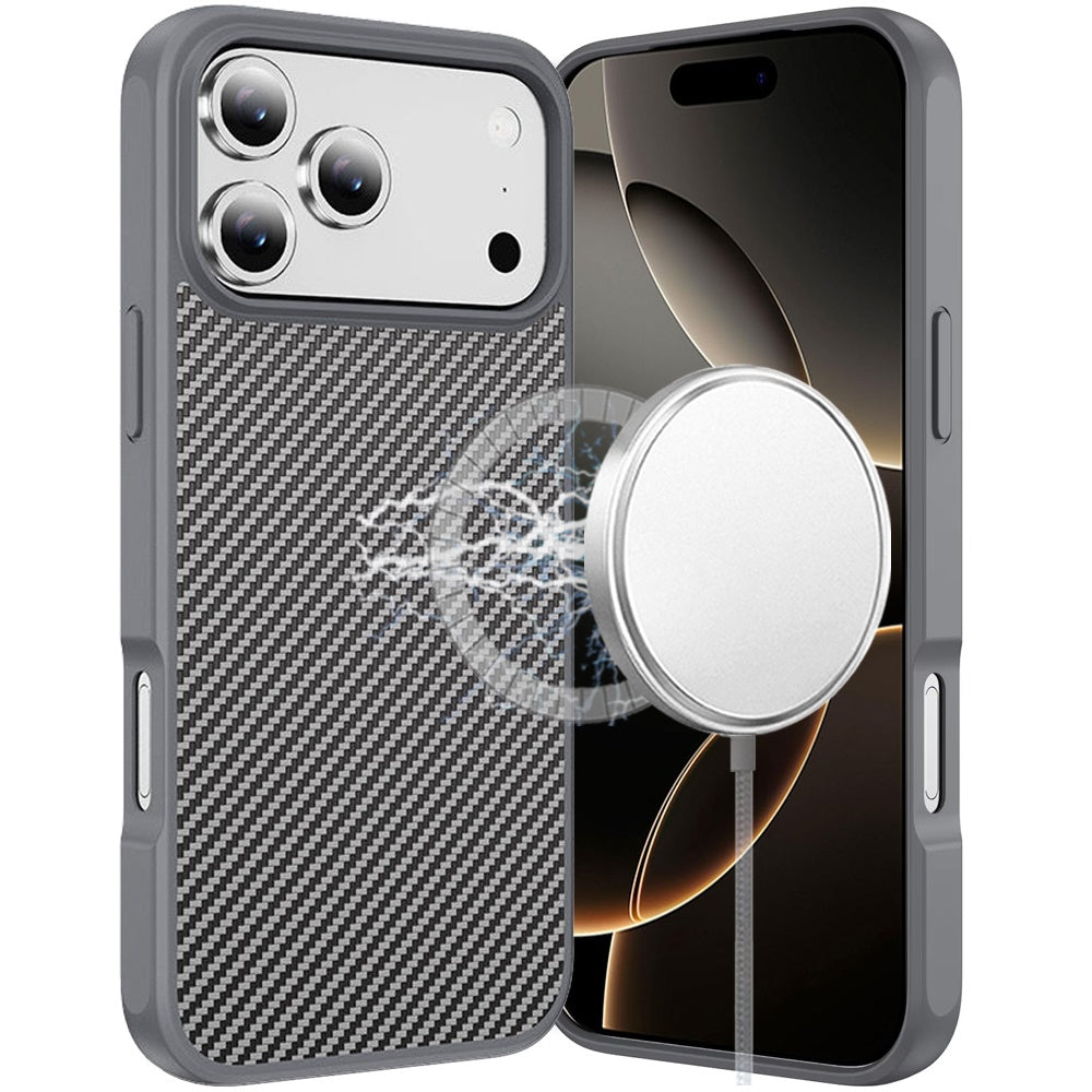 HR PREMIUM CARBON FIBER DESIGN MAGNETIC RING HQ THICK 2.0MM HYBRID CASE FOR IPHONE 17 PRO MAX - GREY