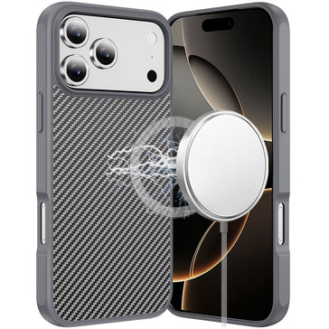 HR PREMIUM CARBON FIBER DESIGN MAGNETIC RING HQ THICK 2.0MM HYBRID CASE FOR IPHONE 17 PRO MAX - GREY