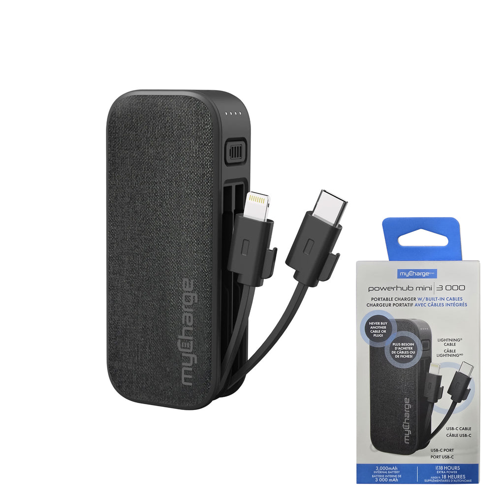 myCharge 3K Mah Powerhub Mini Power Bank W/ Built-In Usb-C & Lightning Cables - Black