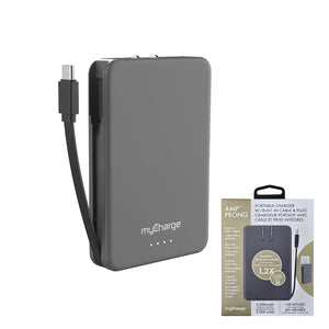 myCharge 5K Mah Amp Prong Power Bank W/ Built-In Usb-C Cable & Wall Plug - Grey