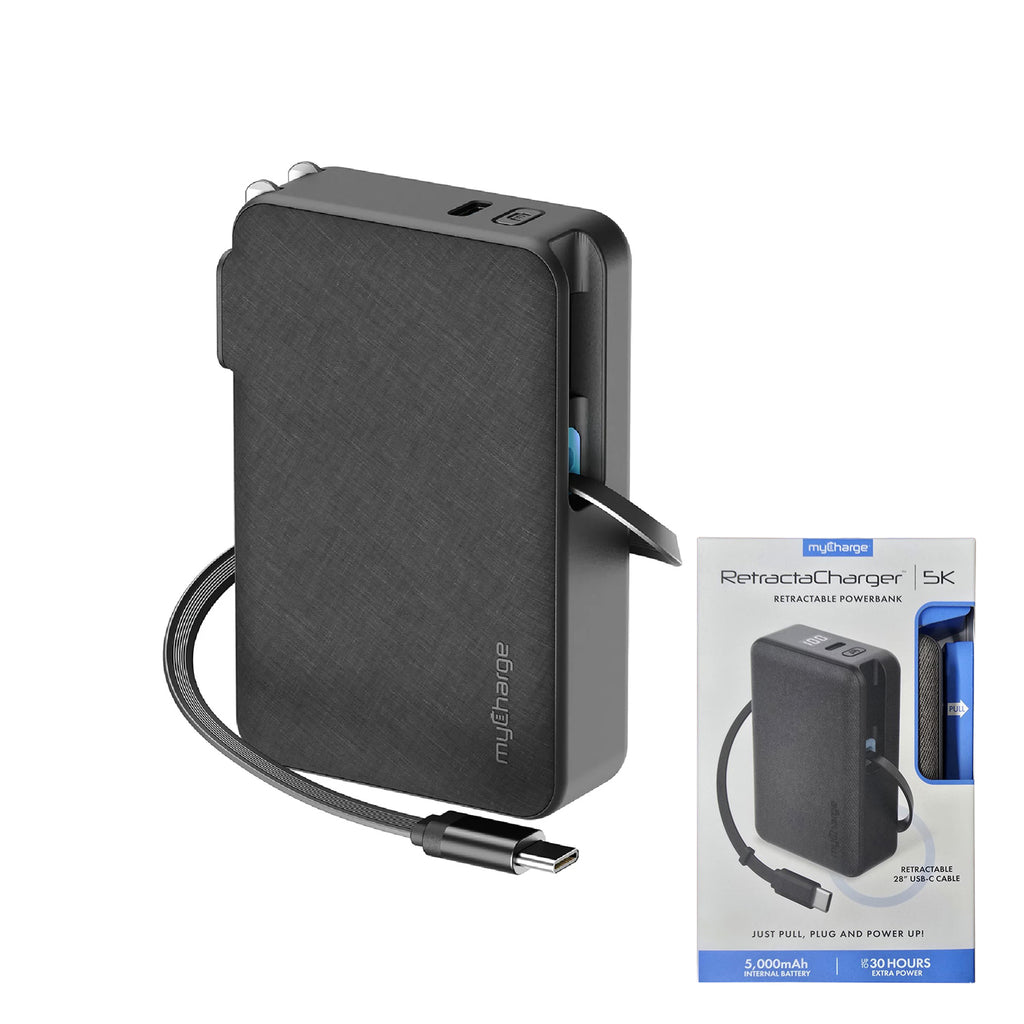 myCharge 5K Mah Retractacharger Power Bank W/ Built-In Usb-C Cable & Wall Plug - Black