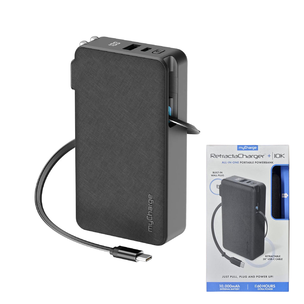 myCharge 10K Mah Retractacharger Power Bank W/ Built-In Usb-C Cable & Wall Plug - Black