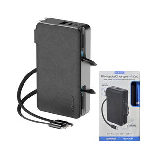 myCharge 10K Mah Retractacharger W/ Built-In Usb-C & Lightning Cables & Wall Plug - Black