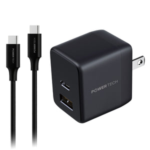 Powertech 20W PD Dual-Port USB-A & USB-C Wall Charger W/ 4' C-C Cable - Black