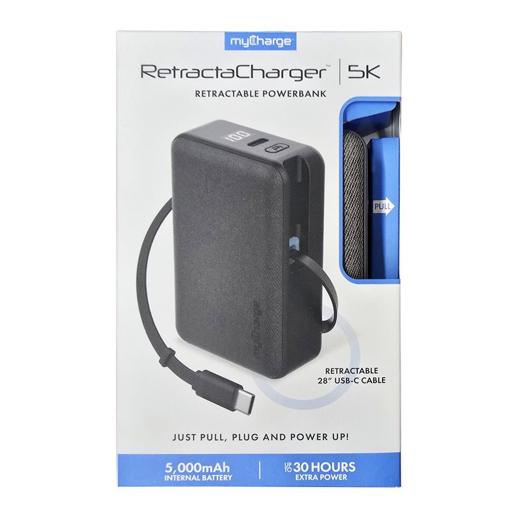 myCharge 5K Mah Retractacharger Power Bank W/ Built-In Usb-C Cable & Wall Plug - Black