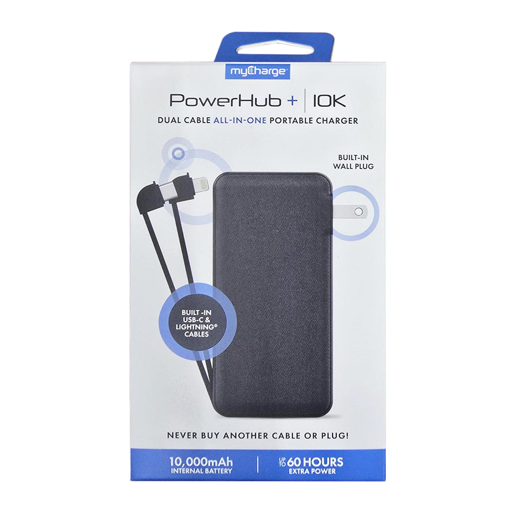 myCharge 10K Mah Powerhub All-In-One Power Bank W/ Built-In Usb-C & Lightning Cable & Wall Plug - Black