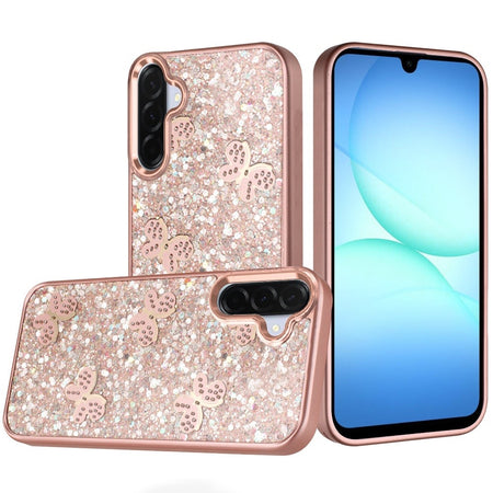 Premium Cute Butterfly Ornaments Diamonds Shimmer Matching HQ Case For Samsung A17 5G - Rose Gold