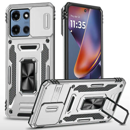 Premium Utter Tough Metal Ring Movable Camera Window Hybrid Case For Motorola Moto G 5G 2025 - Silver