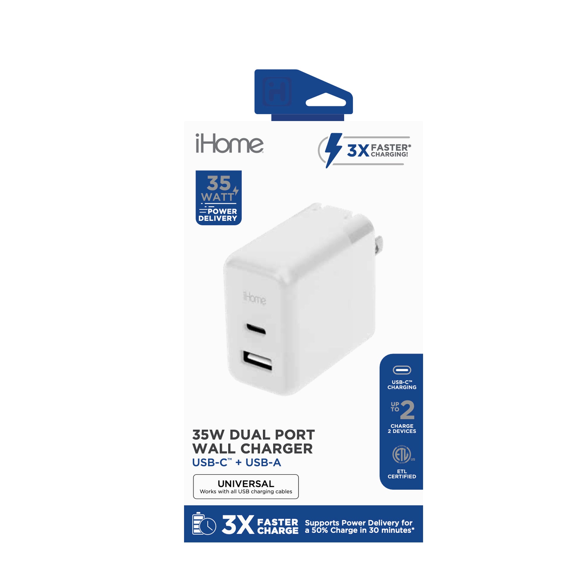 iHome 35W Dual-Port Usb-A & Usb-C Wall Charger W/ Folding Prongs (Non-Gan) - White