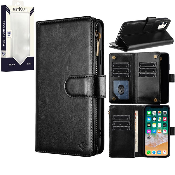 Metkase Luxury Wallet Card ID Zipper Money Holder Case Cover In Premium Slide-Out Package For Motorola Moto G 5G 2024 - Black