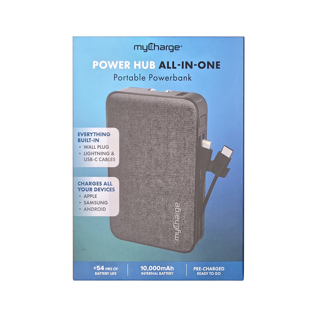 myCharge 10K Mah Powerhub All-In-One Power Bank W/ Built-In Usb-C & Lightning Cables - Black