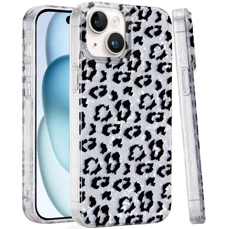 Premium Glitter Double Layer Design IMD TPU Case For iPhone 15 - Silver Leopard