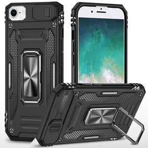 Premium Utter Tough Metal Ring Movable Camera Window Hybrid Case For iPhone 16E / SE4 - Black