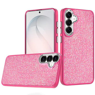 HR Premium Crystal Glass Diamond With Metallic Buttons And Edges Hybrid Case For Samsung Galaxy S26 Fe - Hot Pink