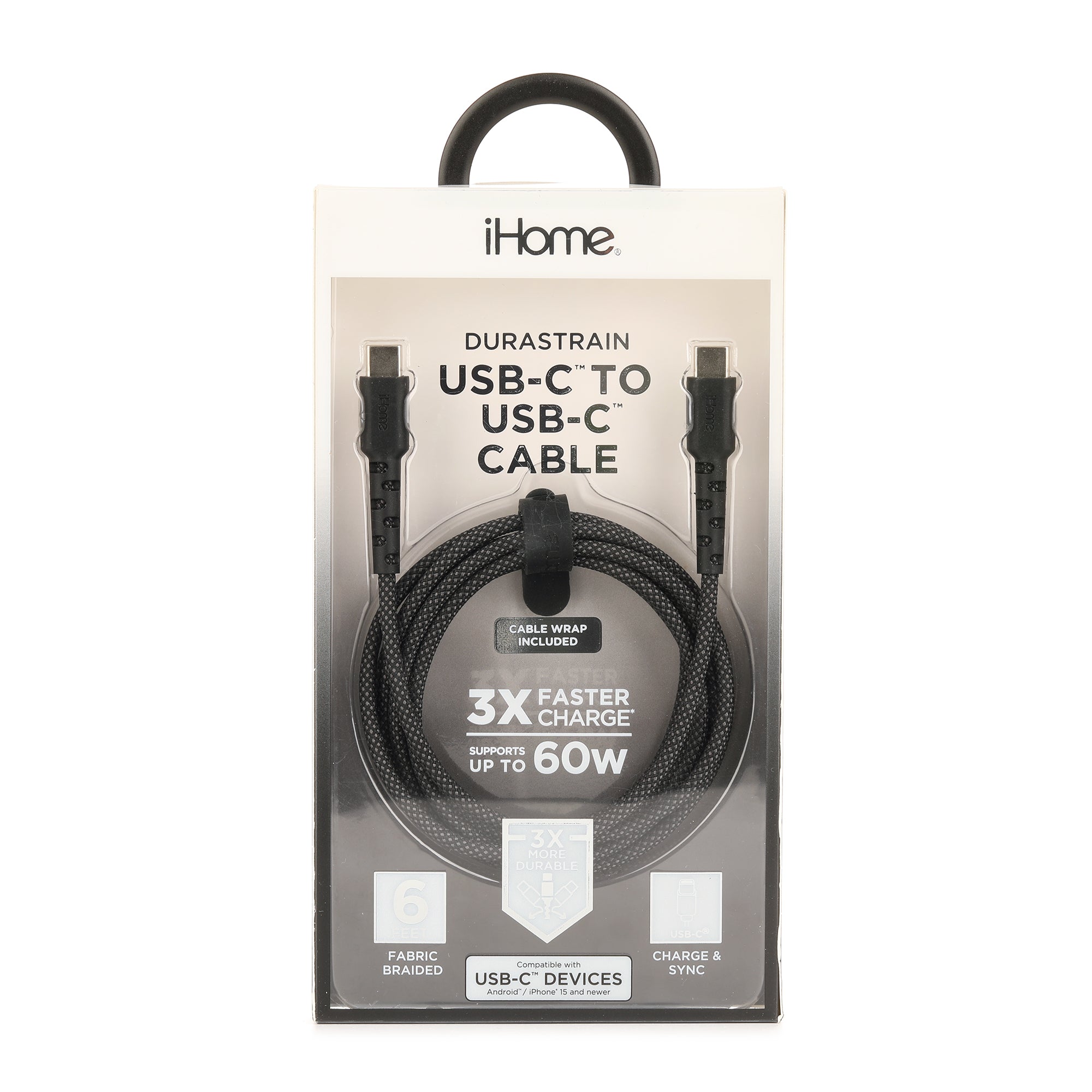 iHome Durastrain 6' Braided Usb-C To Usb-C Cable W/ Cable Wrap - Black