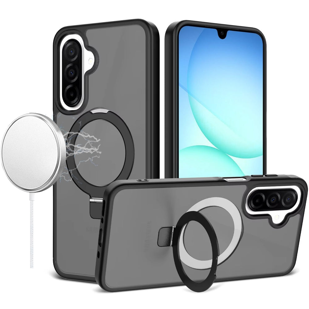 Premium Magnetic Matching Ring Stand Full Rotation Matte Hybrid Case For Samsung A17 5G - Black