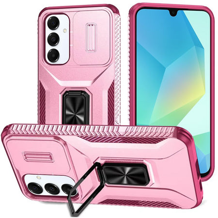 Premium Complete Magnetic Metal Ring Stand Camera Protection Hybrid Case For Samsung A16 5G - Pink+Burgundy