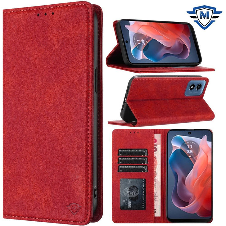 Metkase Wallet PU Vegan Leather ID Card Money Holder With Magnetic Closure In Slide-Out Package For Samsung A35 5G - Red