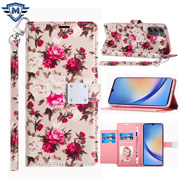 Metkase Design Wallet ID Credit Card Money Holder With Magnetic Metal Closure Including Lanyard In Premium Slide-Out Package For Motorola Moto G 5G 2024 - Romantic Pink White Roses Floral