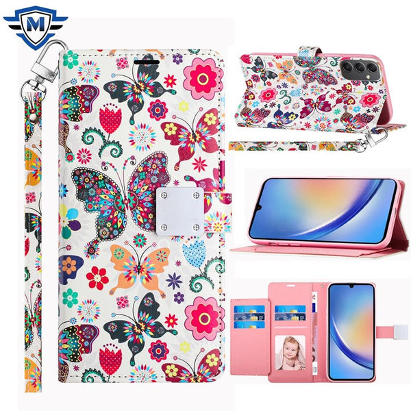 Metkase Design Wallet ID Credit Card Money Holder With Magnetic Metal Closure Including Lanyard In Premium Slide-Out Package For Motorola Moto G 5G 2024 - Colorful Butterflies