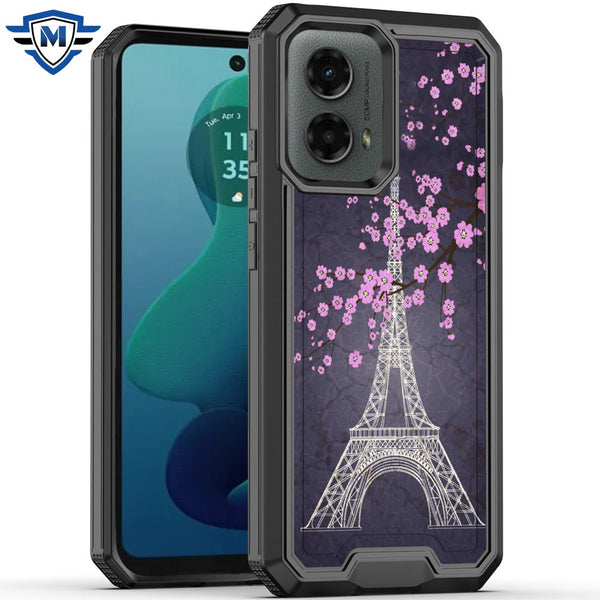 Metkase Premium Rank Design Fused Hybrid Case In Slide-Out Package For Motorola Moto G 5G 2024 - Dark Grunge Eiffel Tower Paris Sakura Flowers