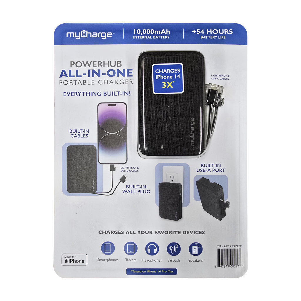 myCharge 10K Mah Powerhub All-In-One Power Bank W/ Built-In Usb-C & Lightning Cables (Costco Pkg) - Black
