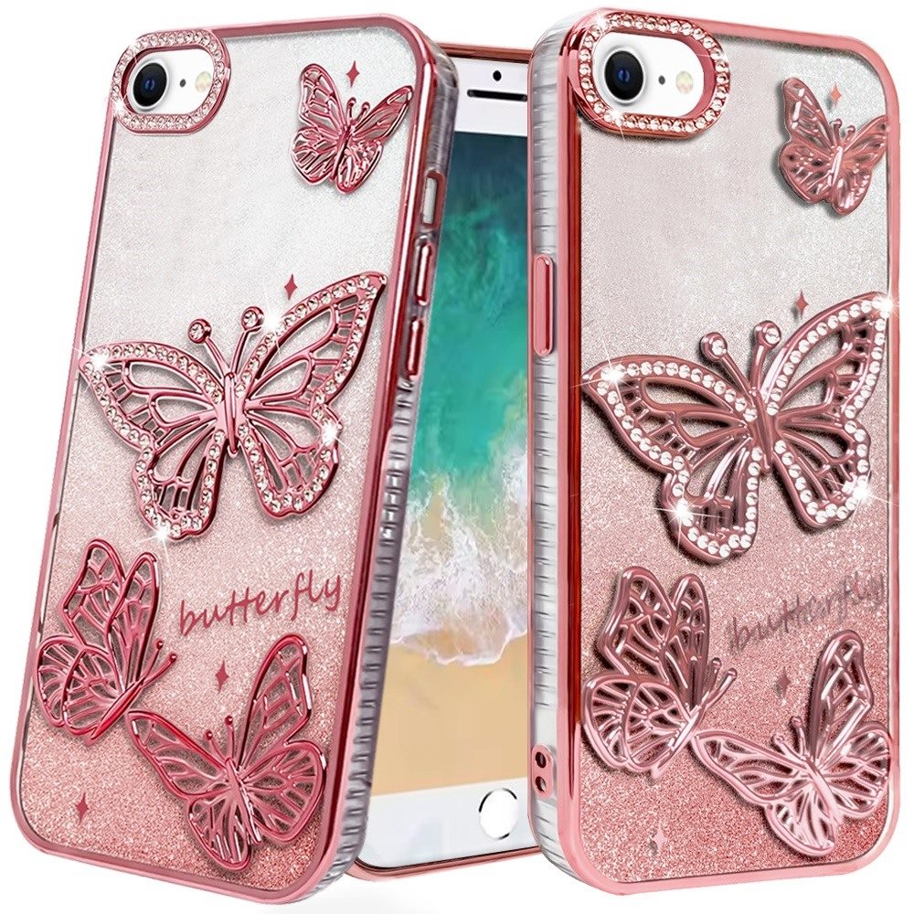 Premium Butterfly Freedom Shimmer Glitter Thick TPU Case For iPhone 16E / SE4 (2025) - Rose Gold