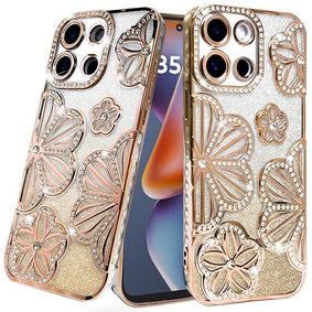 Premium Shimmer Glitter Floral Design Thick TPU Case For Moto G 5G 2025 - Gold