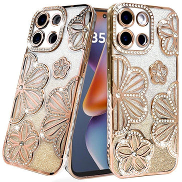 Premium Shimmer Glitter Floral Design Thick TPU Case For Moto G 5G 2025 - Gold