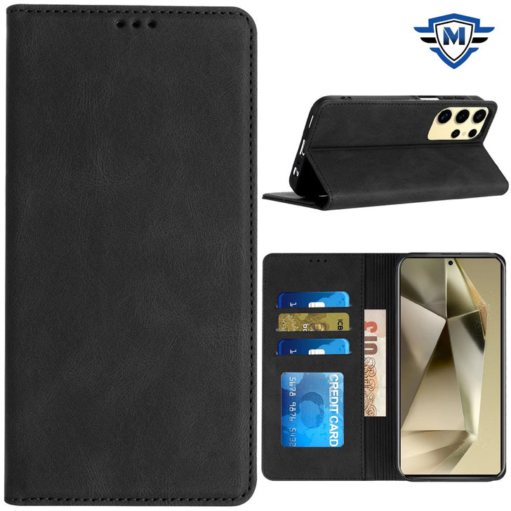 Metkase Wallet PU Vegan Leather ID Card Money Holder With Magnetic Closure In Slide-Out Package For Samsung A35 5G - Black