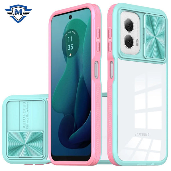 Metkase Fusion Transparent Clear Hybrid Case Cover In Premium Slide-Out Package For Motorola Moto G 5G 2024 - Pink/Blue
