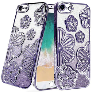 Premium Shimmer Glitter Floral Design Thick TPU Case Cover For iPhone 16E / SE4 - Purple