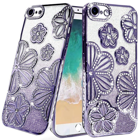 Premium Shimmer Glitter Floral Design Thick TPU Case Cover For iPhone 16E / SE4 - Purple