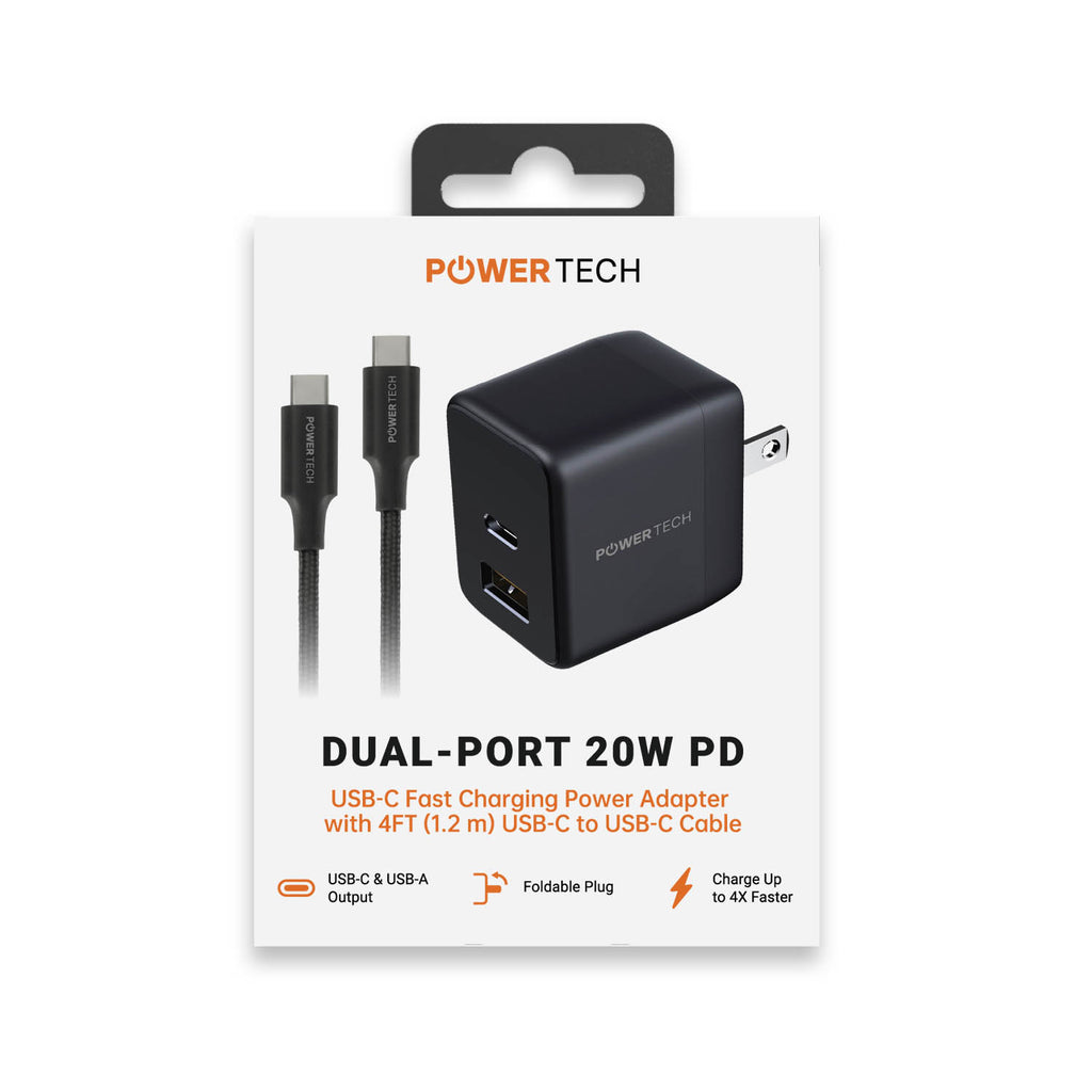 Powertech PD 20W Dual-Port USB-A & USB-C Wall Charger W/ 4' C-C Cable ...