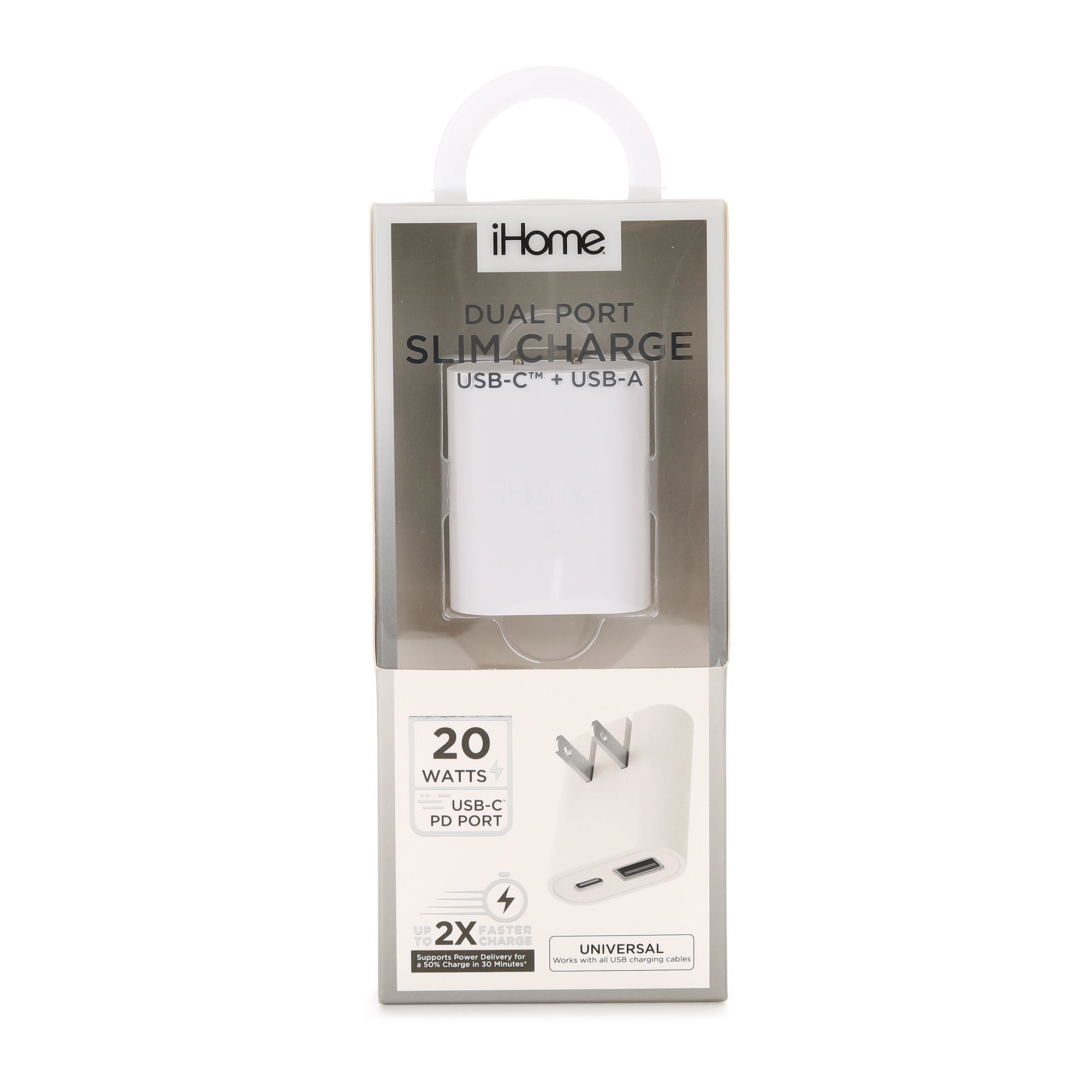iHome 20W Dual-Port Ac Pro Usb-A & Usb-C Wall Charger W/ Folding Prongs - White
