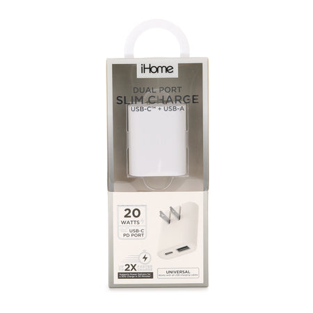 iHome 20W Dual-Port Ac Pro Usb-A & Usb-C Wall Charger W/ Folding Prongs - White