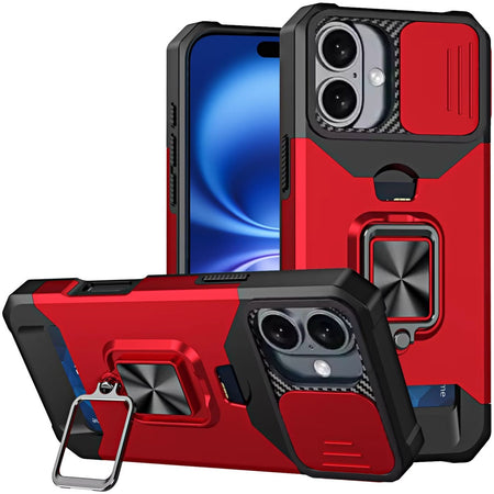 Premium Multi-Functional Card Magnetic Ring Stand Hybrid Camera Case Cover For iPhone 17 - Red
