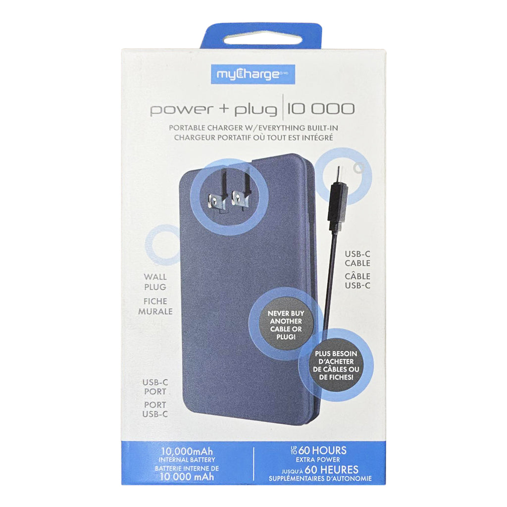 myCharge 10K Mah Power+Plug Power Bank W/ Built-In Usb-C Cable & Wall Plug - Blue