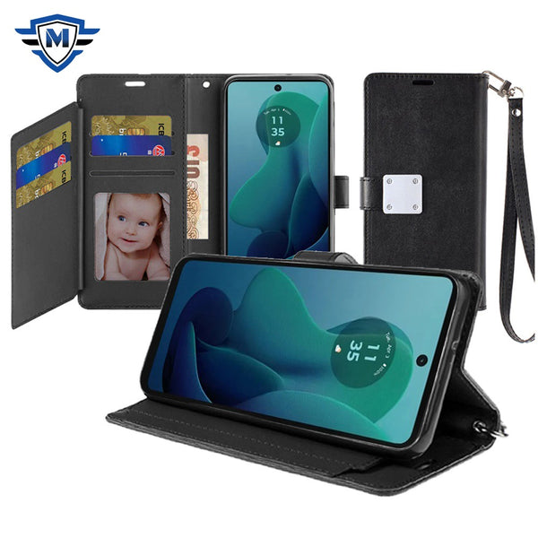 Metkase Wallet ID Card Holder Case Cover In Premium Slide-Out Package For Motorola Moto G 5G 2024 - Black