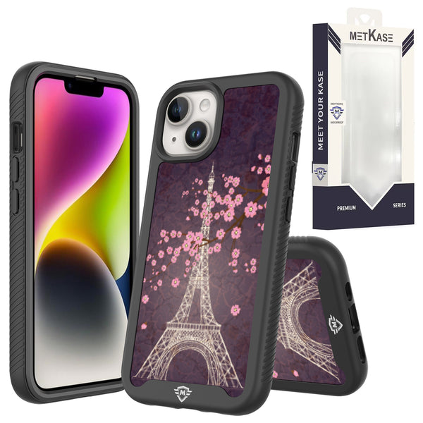 Metkase Premium Exotic Design Hybrid Case In Slide-Out Package For iPhone 15 Plus - Dark Grunge Eiffel Tower Paris Sakura Flowers