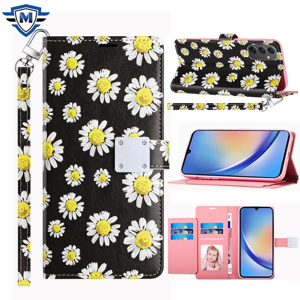 Metkase Design Wallet ID Credit Card Money Holder With Magnetic Metal Closure Including Lanyard In Premium Slide-Out Package For Motorola Moto G 5G 2024 - White Daisy Blossom Floral