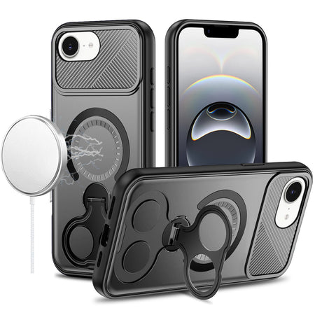 Premium Car Mount With 2-Ring Stand Hybrid Case For iPhone 16E (E Edition) / SE4 (2025) - Gray