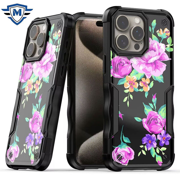 Metkase PremiumExquisite Design Hybrid Case In Slide-Out Package For iPhone 15 Pro - Tropical Romantic Colorful Roses Floral